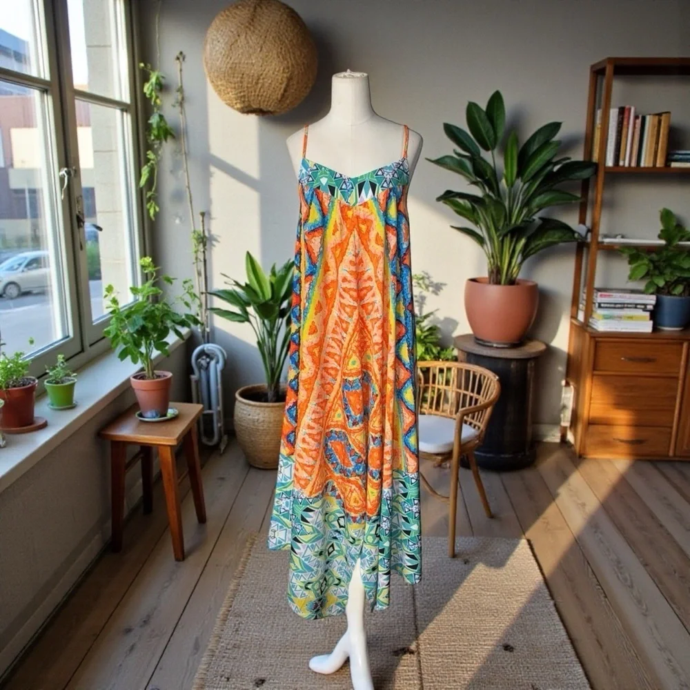 Boston Proper Boho Maxi Dress – Vibrant Tribal Print, Handkerchief Hem.